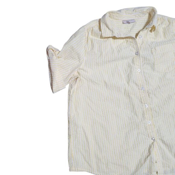 Woman Within Seersucker Shirt Plus Size 22 24 1X Yellow White Stripe Short Sleev - Picture 3 of 10